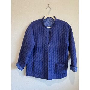 LA CERA Quilted Reversible Paisley Jacket Blue Large Cotton Mandarin Collar